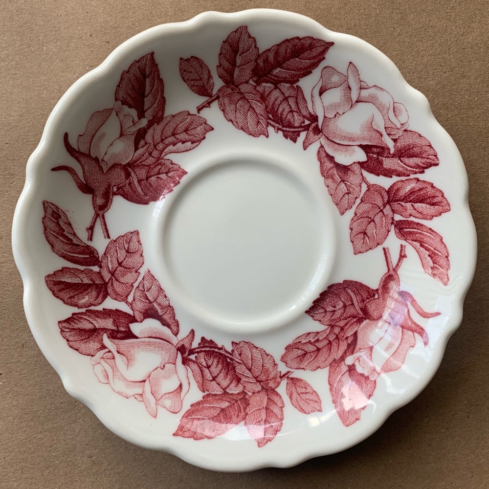 Vintage Syracuse 1950’s China Saucer Rose Print Roses Pink Red Lorraine Plate